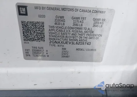 2020 Chevrolet Equinox Awd Lt 1.5L Turbo z USA, uszkodzony, nr VIN 2GNAXUEV1L6219743